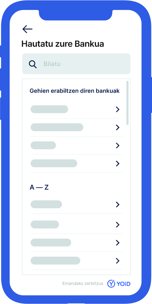 Pantalla de selección del banco de la aplicación