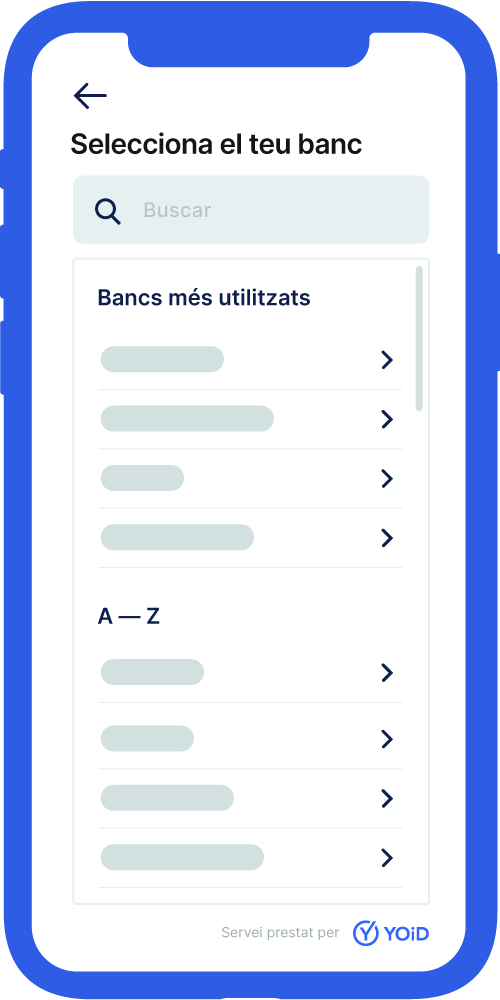 Pantalla de selección del banco de la aplicación